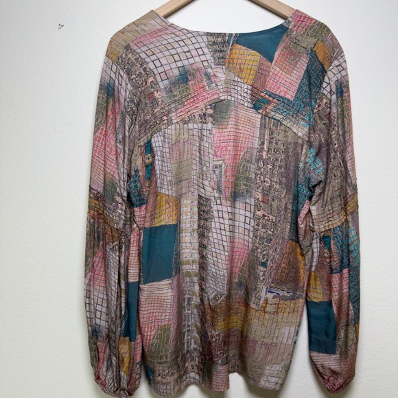Tolani Collection Women Patchwork Peasant Blouse Large Multicolor Abstract Artsy - Picture 4 of 7